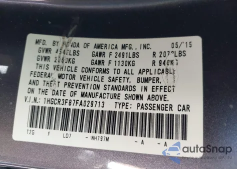 2015 Honda Accord Ex-L V-6 from USA, damaged, VIN 1HGCR3F87FA029713